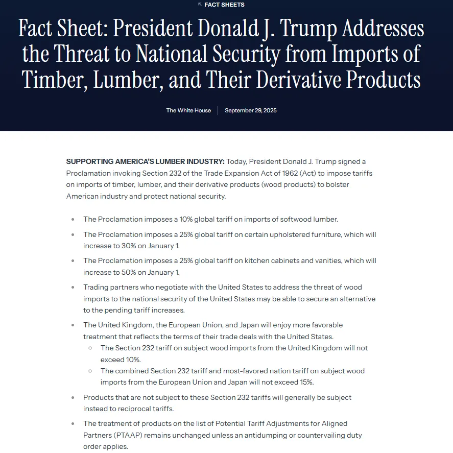 最高25%！10月14日起川普对木材、木料及其衍生产品加征关税